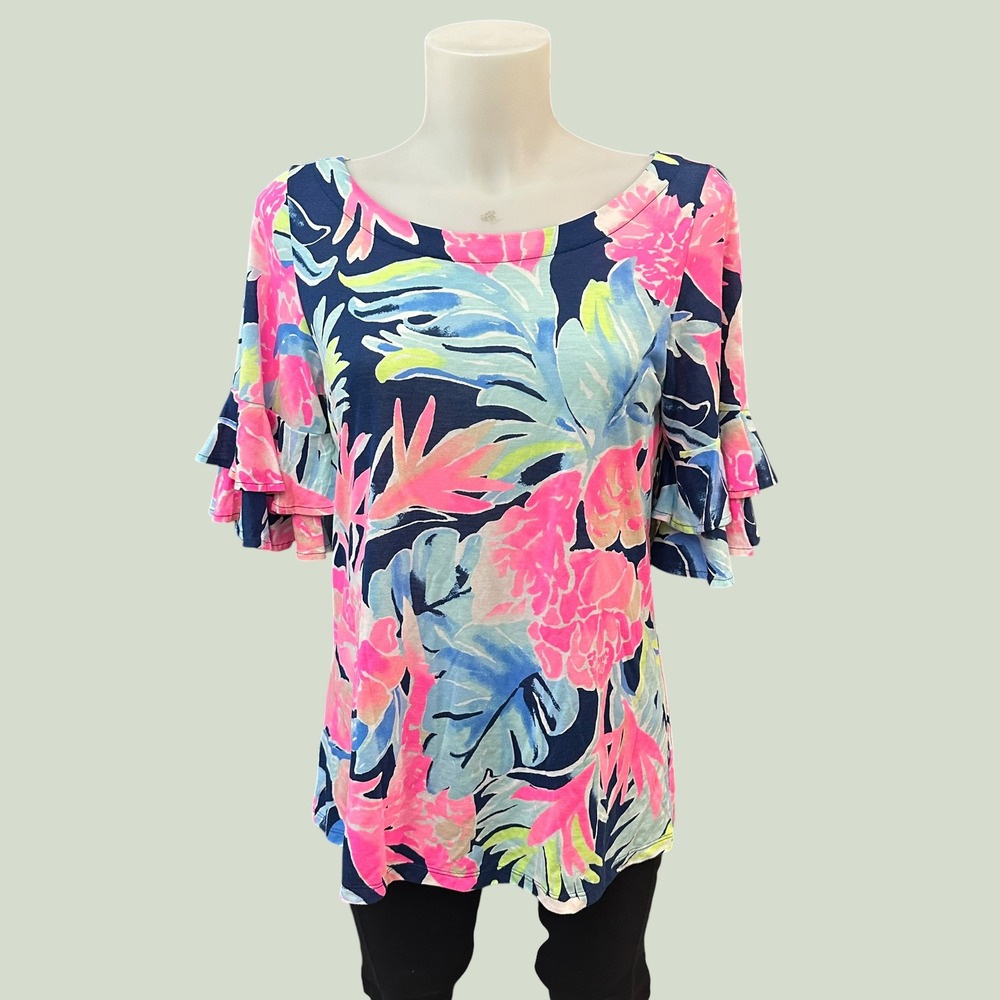 Lilly Pulitzer Lula Double Ruffled Sleeves Tropical Printed Cotton Blouse Sz S